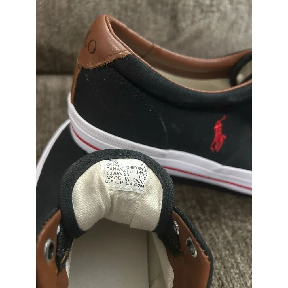 Polo Ralph Lauren Men's Vito Black Canvas Red Logo Casual Laceless Sneaker 11